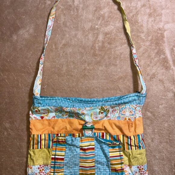 Homemade Patchwork Stripe Floral Zip Long Strap BOHO Cloth‎ Crossbody Purse (Z) - Picture 1 of 4
